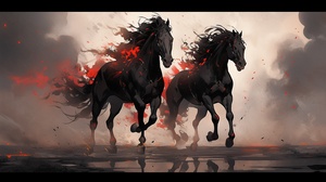 3D中国风，two,horses,are,walking,through,a,blighted,scene,,in,the,style,of,anime,inspired,character,designs,,adi,granov,,anime,aesthetic,,steel,,faith,inspired,art