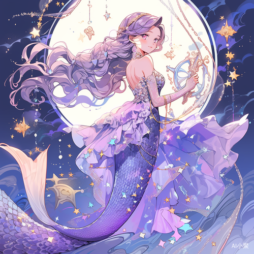 Mermaid with a Long Purple Tail in a Rococo Luxury Style