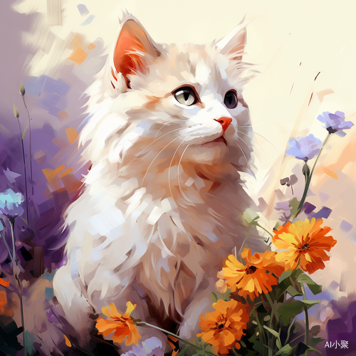 Cute Fat Cartoon Cat Profile in a Flower Garden