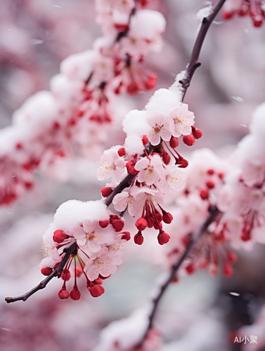 梅花树枝红花瓣在雪地背景下超逼真高分辨率景深