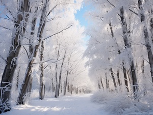 晴朗的天空下在林海雪原中，一排排巨大的树木矗立在雪地中，它们如同壮丽的守护者，凝视着天地间的一切。树梢上挂满了奇特的景象，就像是白雪中的璀璨宝石。一串串冰晶珠帘在树枝间闪烁着晶莹的光芒，散发出迷人的冰冷气息。雪花和冰凌相互交织，形成了如梦如幻的冰雪花团。整个景象魔幻，像神奇冰雪王国。