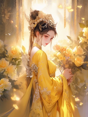 咒语分享,An,ancient,Chinese,woman,,,wearing,a,yellow,Hanfu,floral,dress,,,with,many,rose,decorations,and,Chinese,punk,crystal,decorations,on,her,head,,,fantasy,,,glowing,,,charming,sharp,big,eyes,,,exquisite,clothing,details,,,with,flowers,and,butterflies,,,yellow,background,There,are,roses,and,green,leaves