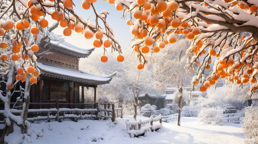 Snowy Chinese Village with Persimmon Tree in 8K Resolution