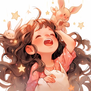 beautiful,girl,stars,Cute,rabbit,in,the,hand,she,has,brown,hair,and,she,is,laugh