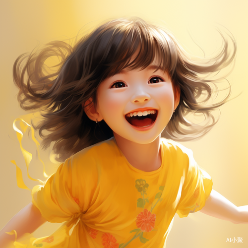 Little Girl in Yellow Chinese Dress Laughing with Anime Art