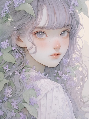 front,view,,bluebell,face,,happy,babysbreath,girl,illustration,,purple,hair,,Soft,pastel,colors,,Delicate,details,,Dreamy,atmosphere,,Natural,elements,,Elegant,Watercolors,,Audrey,Kawasaki,,bluebell,girl,Illustration,,busts,,soft,light