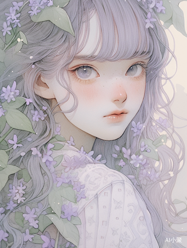 Front View of Bluebell-Faced Happy Babysbreath Girl Illustration with Purple Hair