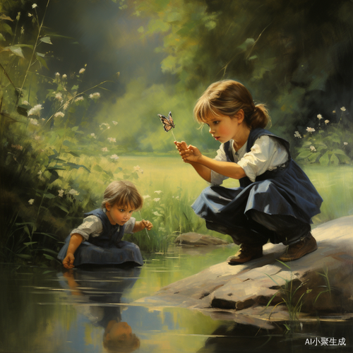 小男孩与小女孩捉蜻蜓