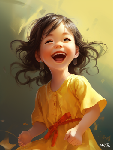 Little Girl in Yellow Chinese Dress Laughing with Anime Art