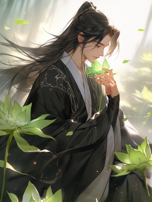 full,body,,a,handsome,man，fluttering,black,hair,,in,a,green,traditional,chinese,dress,holding,with,lotus,leaves,dancingdreamy,landscapes,,light,green,and,pink,,soft,lightclose-up,,Advanced,photography,with,clean,,fresh,and,ultra-high,detail,imagery,shot,with,a,high-definition,lens,to,create,a,realistic,and,lifelike,aestheticuhd,image,ar,2:3s,180,niji,5,v,5.1