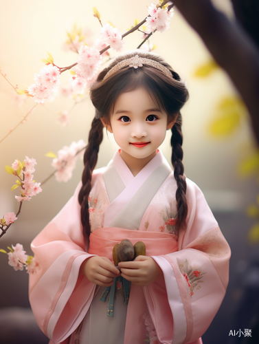 Adorable little girl wearing a hanfu dress with big eyes, holding a flower and smiling happily in the palace clouds