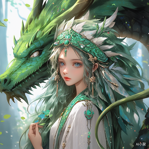 An Anime Girl with Dragon Hair in Green Clothing