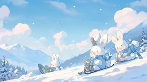 Rabbits and dogs skate snowy mountains clouds cute illustrations blue and white