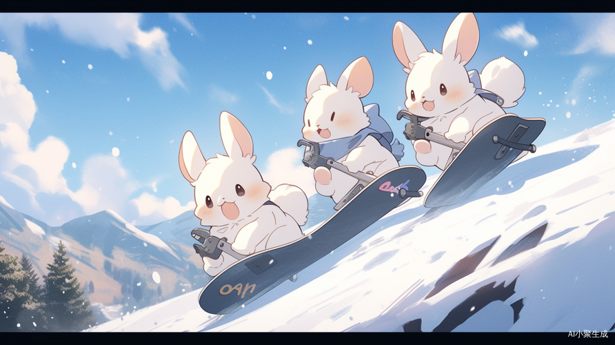 Rabbits and dogs skate snowy mountains clouds cute illustrations blue and white