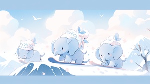 Cute Blue and White Illustrations of Elephants Skateboarding in Snowy Mountains with Clouds