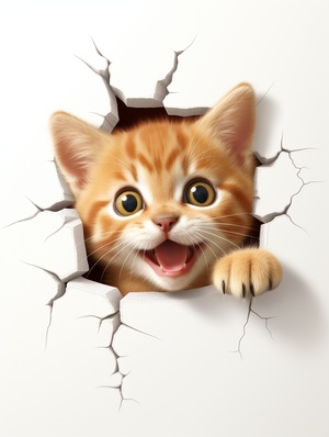 dorable,cute,cat,out,of,the,wall，laughing，eye,contact，3D,sticker，white,background,ar,9:16,v,5.2