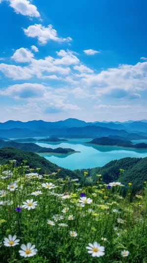 大天空，蓝蓝的天，天气晴朗，夕阳，青山绿水，一望无际，山顶俯拍视角，大量量的花儿，一大片高大茂盛的兰玖琨花，空间感强，穿透云层的强烈金色光线，高山，大河，崇山峻岭，细节处理到位，湖面