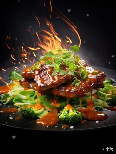 Smokey Meat and Green Onions with Sauce on a Plate in Unreal Engine 5 Style