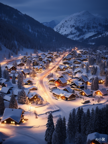 雪天北欧山村夜景