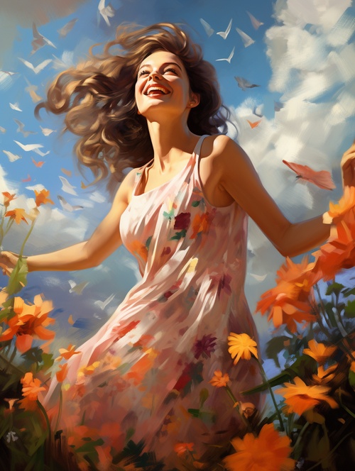 Create,a,digital,painting,of,a,35-year-old,female,smiling,on,a,sunny,summer,day,,surrounded,by,colorful,flowers.,The,subject,is,wearing,a,flowing,dress,that,blows,in,the,wind,,and,she,has,a,serene,expression,on,her,face.,The,painting,is,rendered,in,exquisite,detail,,with,the,colors,and,textures,of,the,flowers,creating,a,vibrant,and,lively,feel.