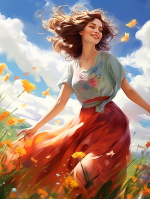 Create,a,digital,painting,of,a,35-year-old,female,smiling,on,a,sunny,summer,day,,surrounded,by,colorful,flowers.,The,subject,is,wearing,a,flowing,dress,that,blows,in,the,wind,,and,she,has,a,serene,expression,on,her,face.,The,painting,is,rendered,in,exquisite,detail,,with,the,colors,and,textures,of,the,flowers,creating,a,vibrant,and,lively,feel.