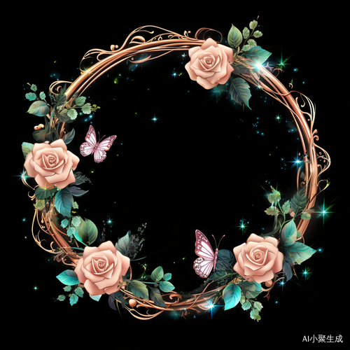 多彩圆圈中的玫瑰花、花藤、蝴蝶与星光