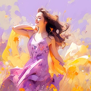 Create,a,digital,painting,of,a,35-year-old,female,smiling,on,a,sunny,summer,day,,surrounded,by,colorful,flowers.,The,subject,is,wearing,a,flowing,dress,that,blows,in,the,wind,,and,she,has,a,serene,expression,on,her,face.,The,painting,is,rendered,in,exquisite,detail,,with,the,colors,and,textures,of,the,flowers,creating,a,vibrant,and,lively,feel.