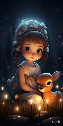 Cute Baby Girl in Night Fantasy Wonderland