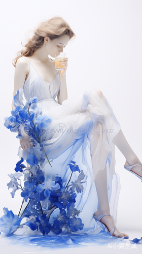 透明极简蓝宝石色花卉上的芭蕾女生