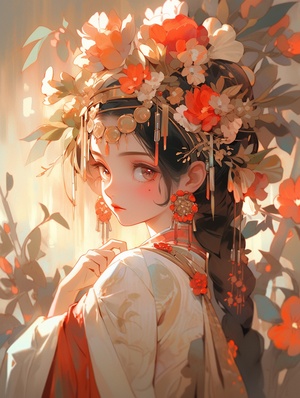 Asian Portrait with Amazing Headdress and Flowers