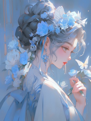 1,this,image,is,an,asian,portrait,of,a,female,with,an,amazing,headdress,and,flowers,,,in,the,style,of,anime,art,,,pensive,poses,,32,k,uhd,,,ethereal,figures,,,anime-inspired,character,designs,,,chinese,painting,,,luminous,reflections,ar,58，正面照