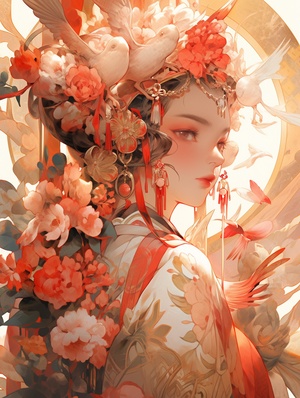 Asian Portrait with Amazing Headdress and Flowers