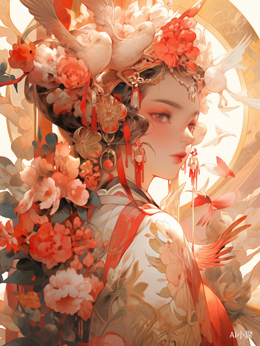 Asian Portrait with Amazing Headdress and Flowers