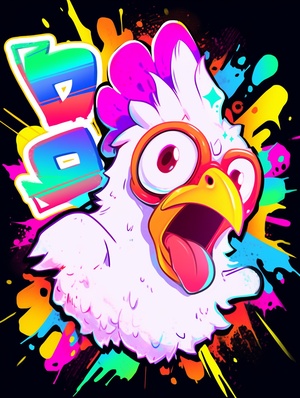 an,image,of,a,colorful,chicken,withdifferent,cartoon,stickers,on,it,,in,the,styleof,qiu,shengxian,,bright,colors,,bold,shapes,dark,white,and,light,magenta,,graffiti-likelettering,,charming,character,illustrations,rough-edged,2d,animation,,carnivalcore