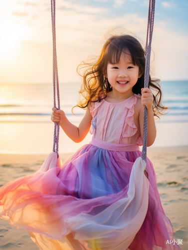 A Little Chinese Girl Swinging on the Beach in a Pink-Purple Dress