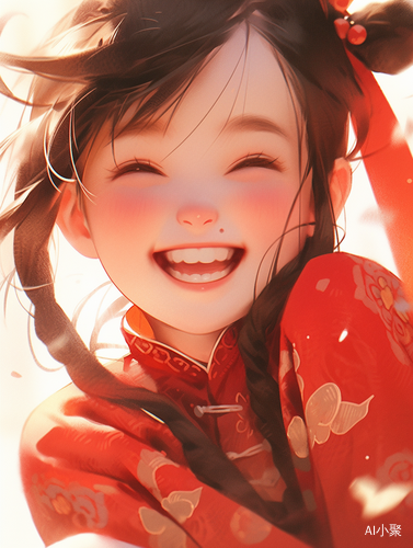 Cute Cartoonish Little Girl in Red Chinese Dress