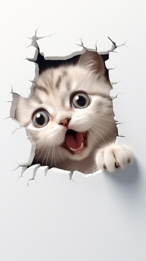 dorable,cute,cat,out,of,the,wall，laughing，eye,contact，3D,sticker，white,background,ar,9:16,v,5.2