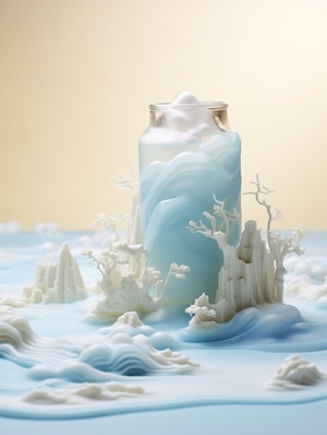 Carton Miniature Landscape Milk White Transparent Water Brand Design Artistic Decoration Chinese Landscape Resin WorkTable Chinese Song Dynasty Landscape Painting Light Beige and Light Blue Color Scheme Surrealistic Dreamy Style Organic Cream Fluid Light-tracked Ambient OcclusionHazy Natural Hyper-real Ultra-realistic 3D rendering OC Renderer 8k HD s 750