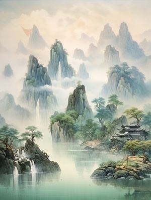 中国山水画，张大千风格