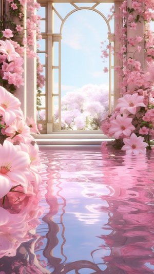 Booth,,huge,pale,pink,flowers,,pool,,exquisite,3D,effects,,ultra-high,precision,,super,high,detail,,perfect,,OC,renderer,,8k,,super,clear,,noise,reduction,ar,6:8