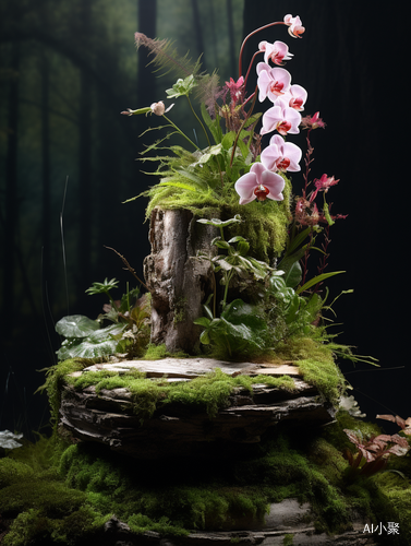 Product Photography: Natural Plant Scene with Orchids, Moss, Mushrooms, and Wooden Stumps