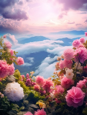 Various Flowers Hang Out in Colorful Clouds