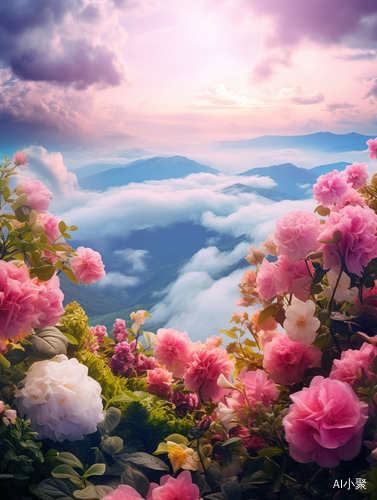 Various Flowers Hang Out in Colorful Clouds