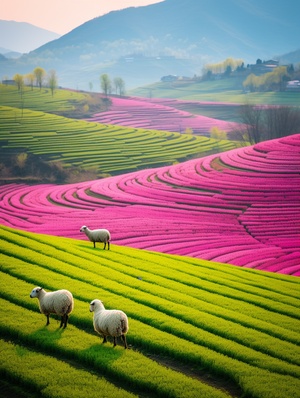 Harmonious Color Fields: Sheep Grazing in Rural China