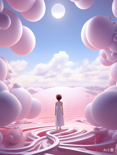 Woman in Pink Tube Surrounded by Clouds in Futuristic Chromatic Waves