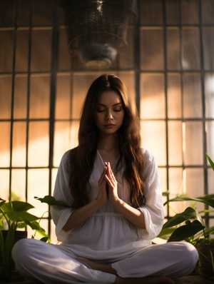 Young Chinese Girl Meditating with Aromatherapy and Soft Light