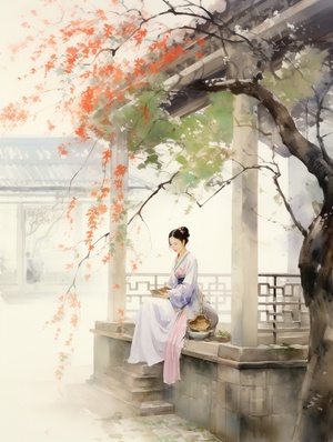 古风插画：芳香绕院，唯美春华