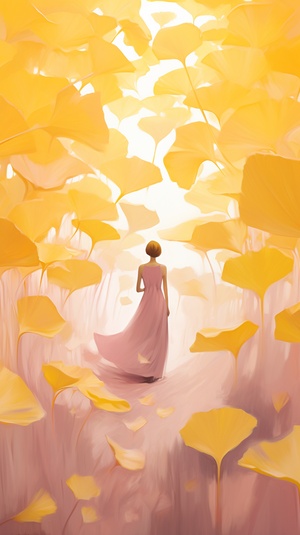 Abstract Dream: Girl Standing on Gigantic Ginkgo Leaves