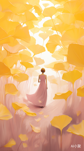 Abstract Dream: Girl Standing on Gigantic Ginkgo Leaves