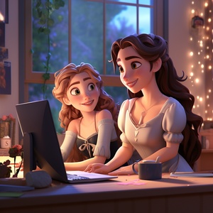 Disney Animated, 2 Ladies in Discussion, Looking at Computer, Office Morning Soft Lighting